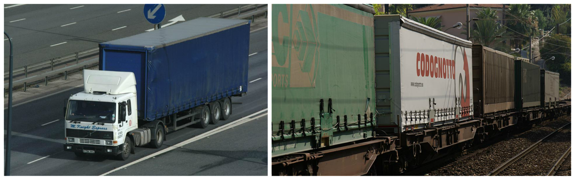 Images of a truck and a train.