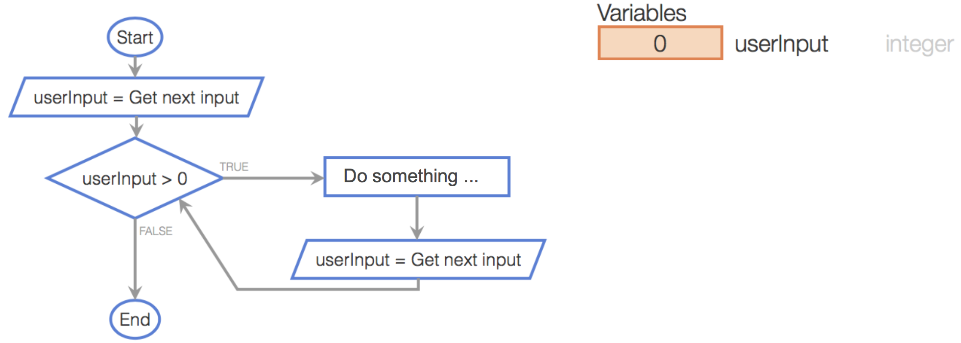 A flowchart program. Statements are provided below.
A Coral program follows:
integer userInput
userInput = Get next input
while userInput > 0
Do something ...
userInput = Get next input
Variables in memory is as follows:
0 userInput: integer