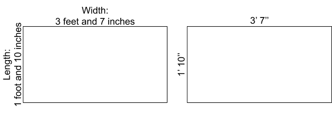The same rectangle shown twice. On the left the sides are labeled length: 1 foot and 10 inches and width: 3 foot and 7 inches. On the right, the sides are labeled 1