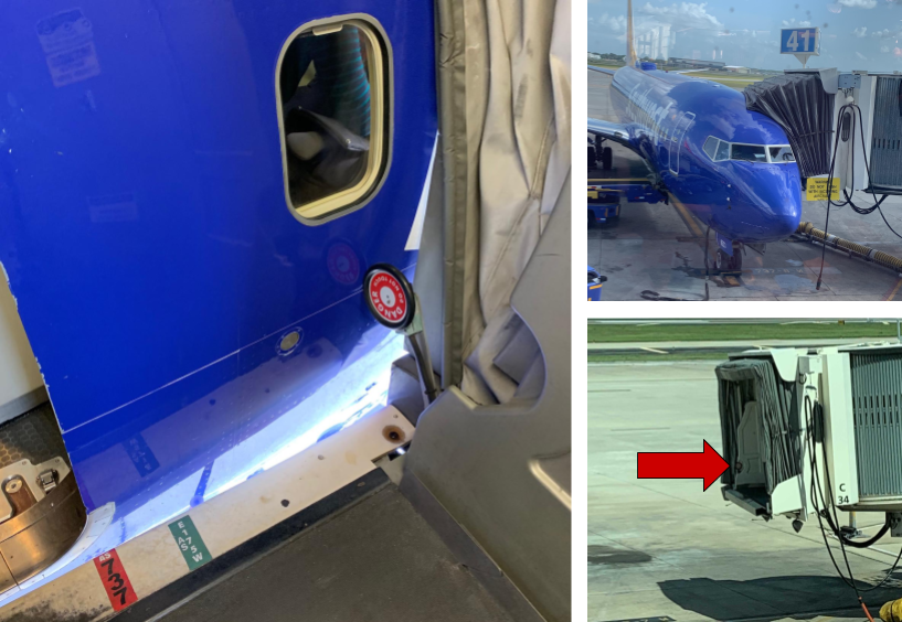 Photo showing a wheel from a jetway touching a Southwest Airlines jet.